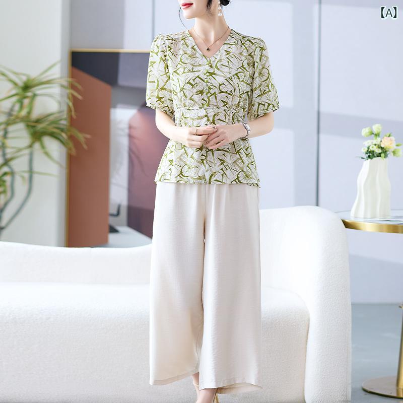 セットアップ レディース 上品 おしゃれ マダム 婦人服 ファッション 夏 半袖 シャツ 高貴 夏 シフォン トップス|おうち健康生活