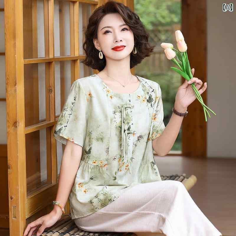 セットアップ レディース 上品 おしゃれ マダム 婦人服 ファッション 夏 服 チャイナ風 綿麻 Tシャツ 夏 中国 半袖|おうち健康生活