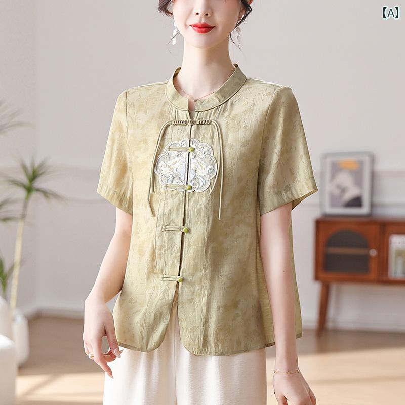 セットアップ レディース 上品 おしゃれ ファッション チャイナ風 夏 ドレス 半袖 シャツ トップス シャツ 2点 セット