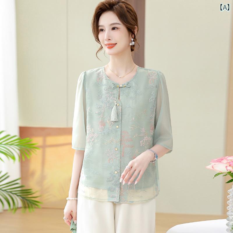 セットアップ レディース 上品 おしゃれ マダム 婦人服 ファッション 夏 ドレス チャイナ風 ブラウス 風 高貴 トップス 夏