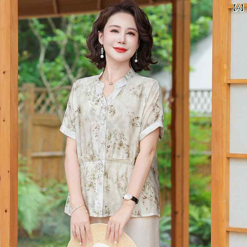 セットアップ レディース 上品 おしゃれ マダム 婦人服 ファッション 夏 半袖 綿 リネン シャツ 薄手 涼しい 涼しい 涼しい 夏 ゆったり 花柄 トップス|おうち健康生活