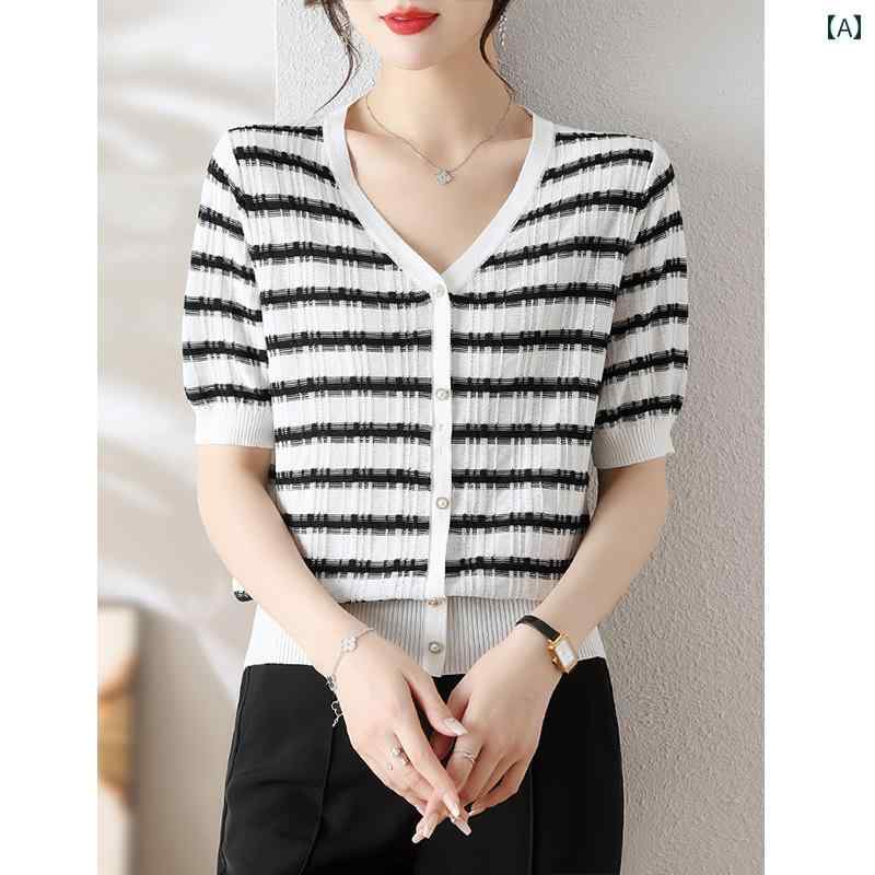 セットアップ レディース 上品 おしゃれ マダム 婦人服 ファッション 夏 トップス 半袖 Tシャツ ストライプニット ひんやり 涼しい 快適 シャツ|おうち健康生活