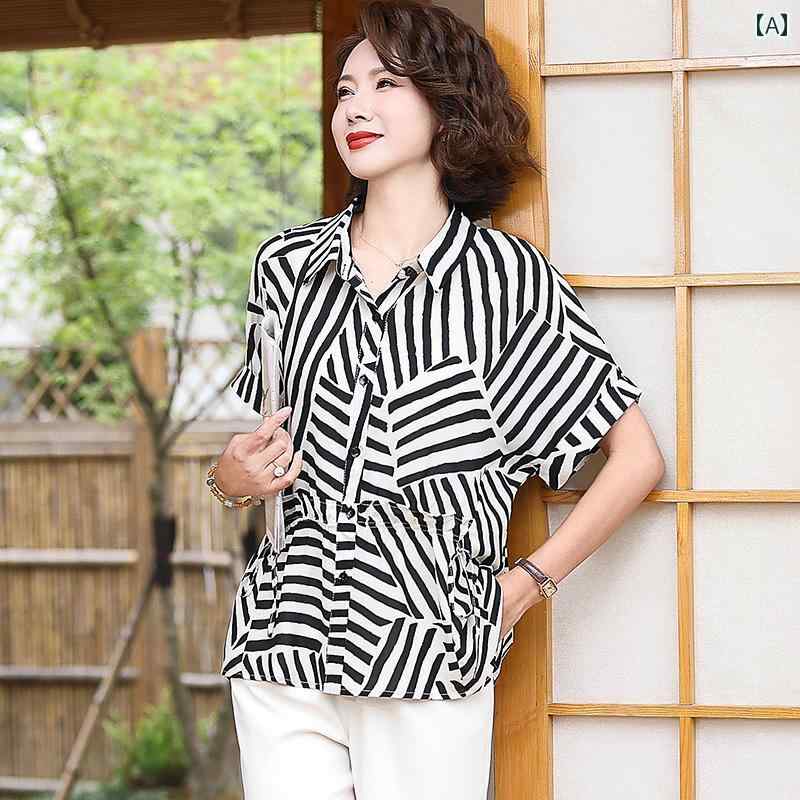 セットアップ レディース 上品 おしゃれ マダム 婦人服 ファッション 夏 半袖 シャツ ストライプ スリム 夏 シフォン トップス