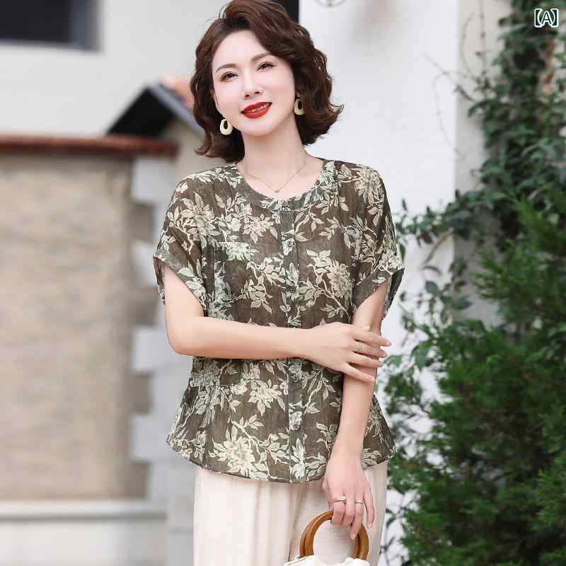 セットアップ レディース 上品 おしゃれ マダム 婦人服 ファッション 夏 半袖 プリント シフォン トップス ファッション フレッシュ シャツ