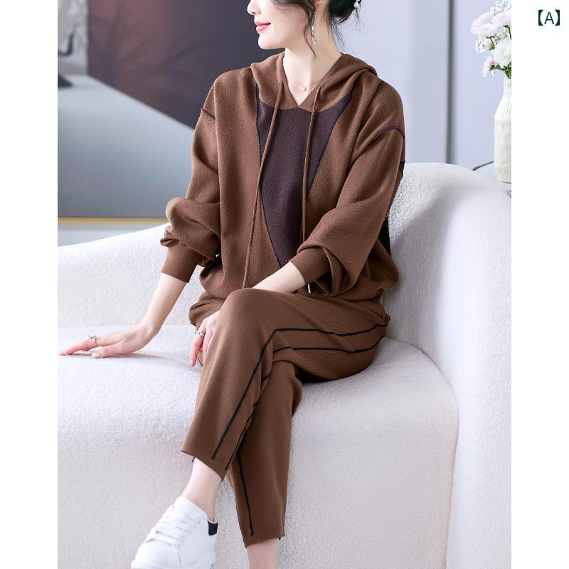 レディース 流行り物 今めかしい 雅びやか 好いたらしいめ お上さん服 心地よい 背広 秋 編み物 スウェーター ボンネット トレーナー セットアップ 仕掛ける