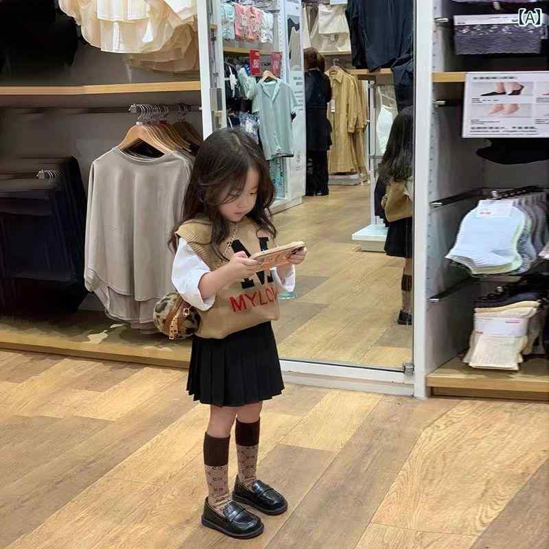 女の子 韓国 カレッジ スーツ 子供の セーター ベスト トップ 白 長袖 プリーツスカート