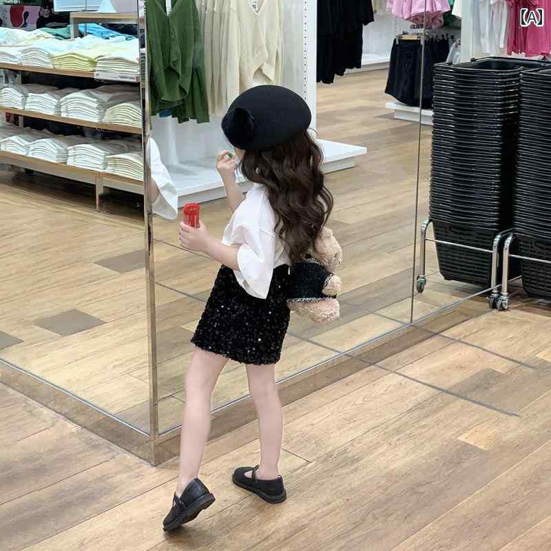 夏 女の子の 手紙 半袖 Tシャツ スパンコール キラキラ キラキラ キラキラ スカート 韓国 スーツ 子供の 子供の の