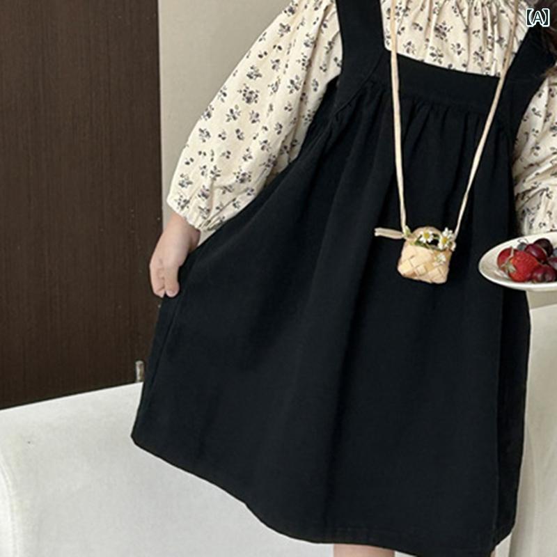 子供服 女の子 セットアップ かわいい おしゃれ 春秋 ベビー 花 人形 シャツ シャツ サスペンダー ドレス トレンディ