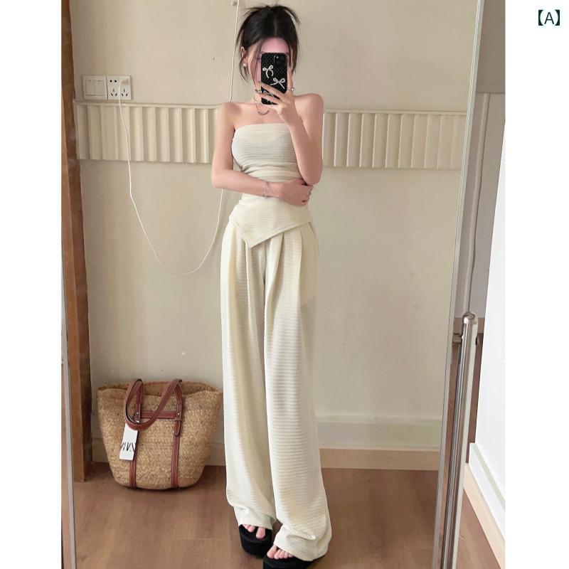 レディース ファッション ストリート レトロ シック ガール セットアップ 不規則 チューブ トップスス ストップスス ワイドレッグ パンツ 2点 セット