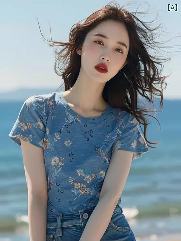 レディース 夏 服 薄手 涼しい ブルー プリント 半袖 Tシャツ ユニーク ユニーク スリムフィット インナー トップスス