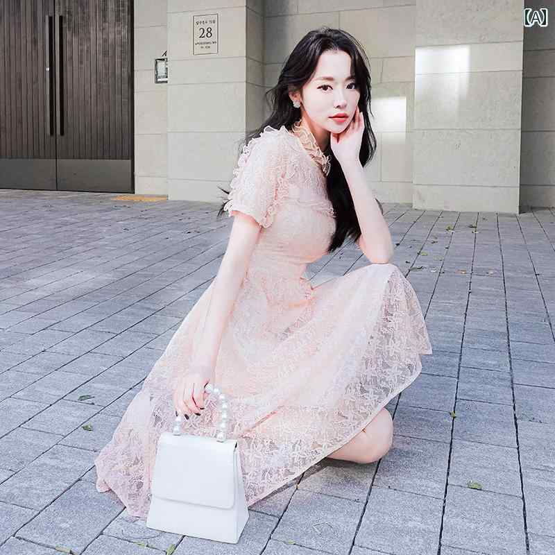 レディース スカート 夏 フェミニン 優しい 風 フェアリー フンチシック ピンク レース ドレス