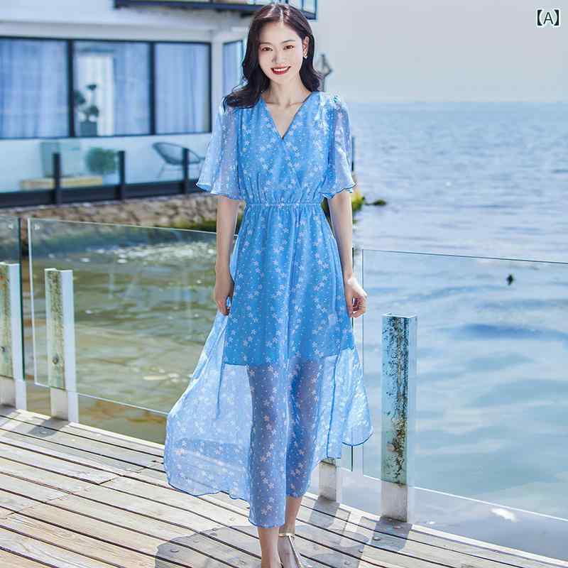 レディース  花 御召しもの 夏 フレンチ 妖精 ティーブレイク 御召しもの シフォン か細い ロング 御召しもの ひと休み 砂浜 御召しもの