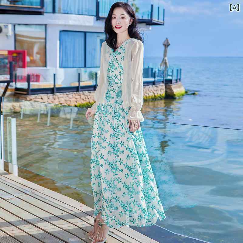 レディース  フランス共和国 妖精 シフォン 花柄 御召しもの 愛想のいい か細い 初恋 ロング 御召しもの 海岸地帯 ひと休み 砂浜 御召しもの