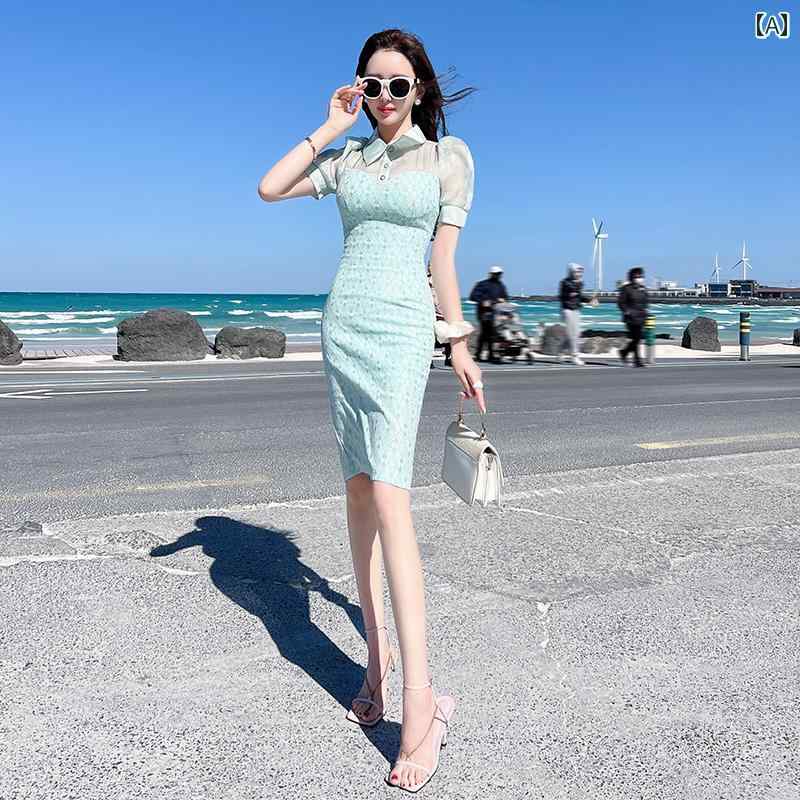 レディース 夏 婦人服 魅惑 パフスリーブ レングス スリム ドレス