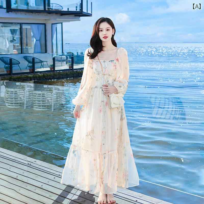 レディース 花柄 ドレス フランス レトロ スリム 美しい ロング スカート 旅行 服 海辺 休暇 ビーチ スカート