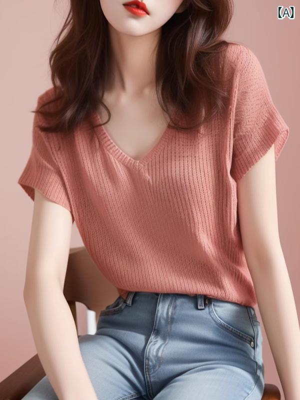 レディース カジュアル ニット 半袖 Tシャツ 夏 服 ィ シック Vネックプルオーバー トップスス