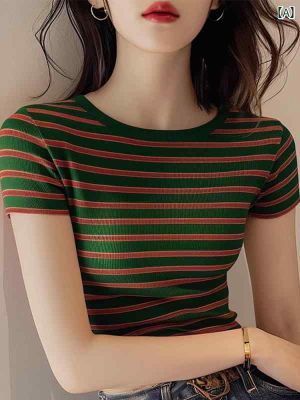 レディース 韓国 コントラスト ストライプ 半袖 Tシャツ 夏 ラウンドネック スリムトップスス