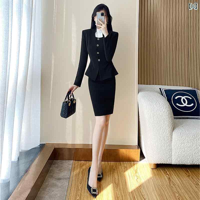 レディース  冬服 覆う か細い填まる 黒 効果のある 背広 スコート 仕掛ける セットアップ 仕掛ける 組み合わせられて
