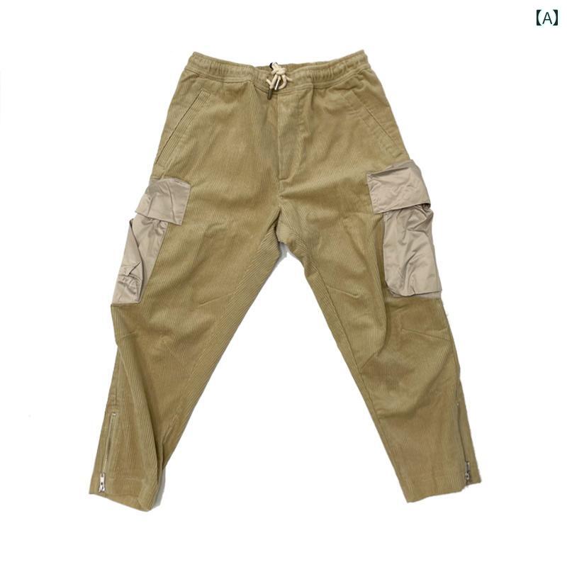 メンズ マルチ 衣嚢 コール天 か細い クロップドパンツ 秋冬 厚地の外套 櫂 ゆったり ライズ 複数形 衣嚢 ズボン下