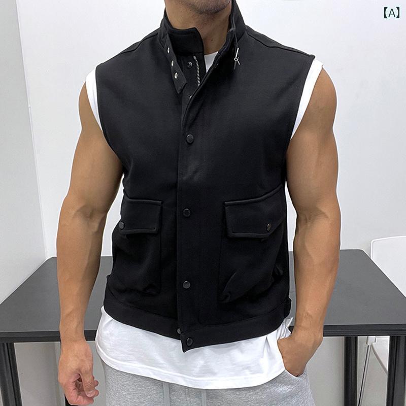 メンズ 質感 厚手 ボタン ジッパー ノースリーブ ベスト スウェット シャツ ジャケット ワイド シンプル|おうち健康生活