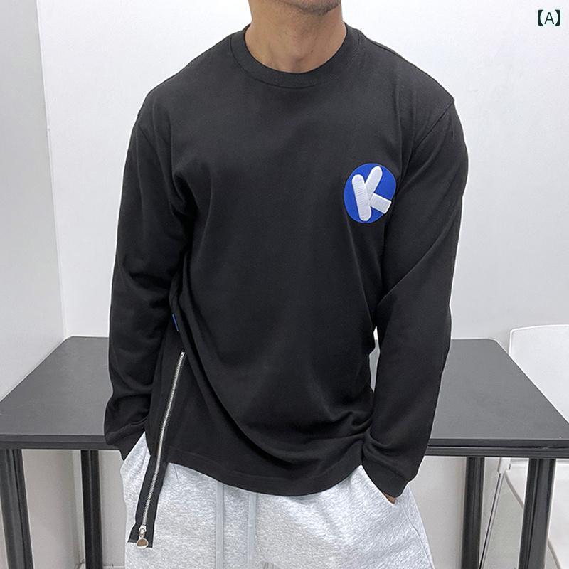 メンズ 綿 生地 小さめ ネック ライン ドロップ ショルダー コントラスト 刺繍 長袖 Tシャツ