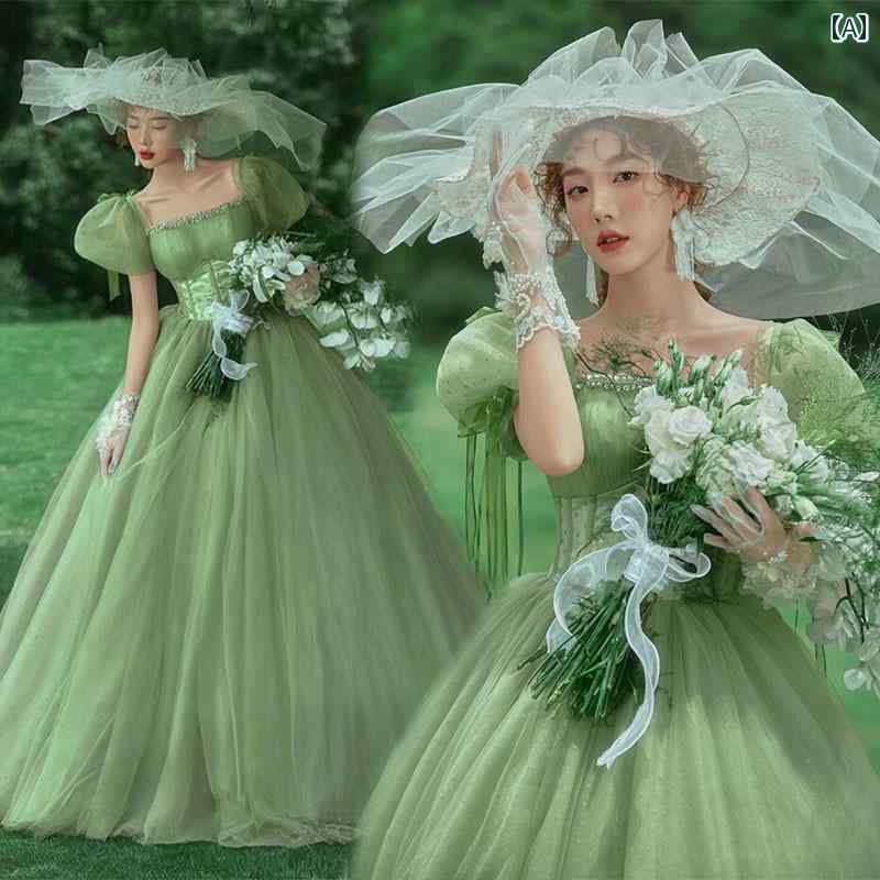 撮影 ドレス 写真 フォト 記念 コスプレ アート 思い出 服 カップル 屋外 グリーン パフスリーブ ロングテール ウェデング｜おうち健康生活