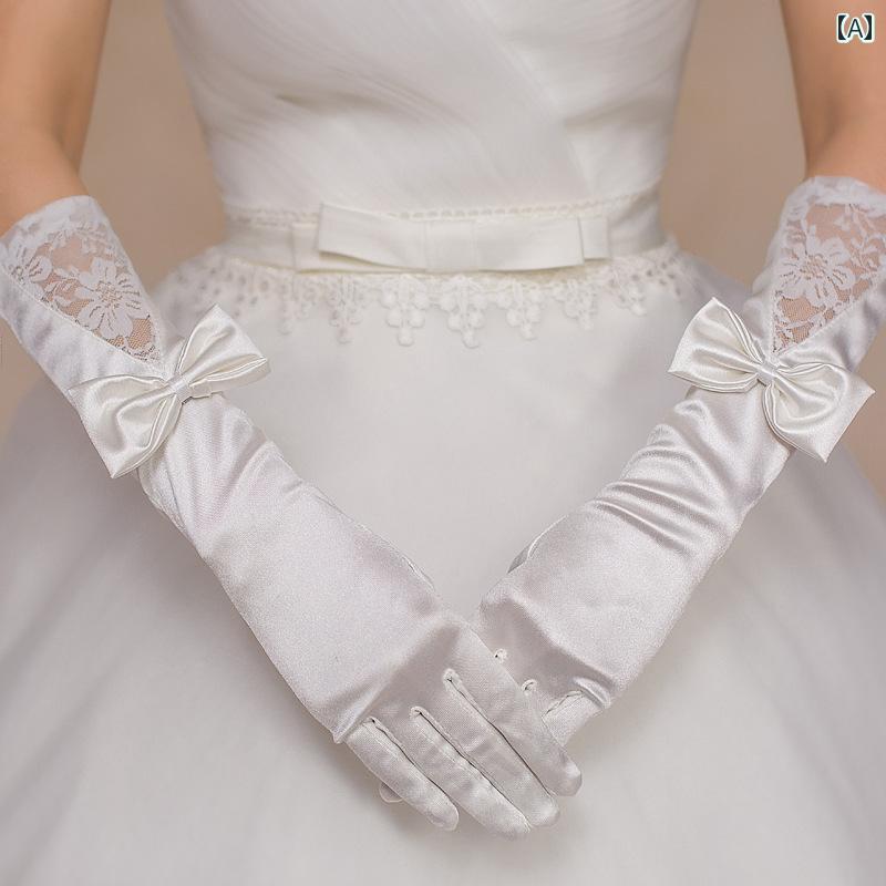 グローブ 手袋 ウエディング 結婚式 ブライダル 花嫁 パーティー 小物 ロング サテン リボン レース メッシュ ホワイト レッド