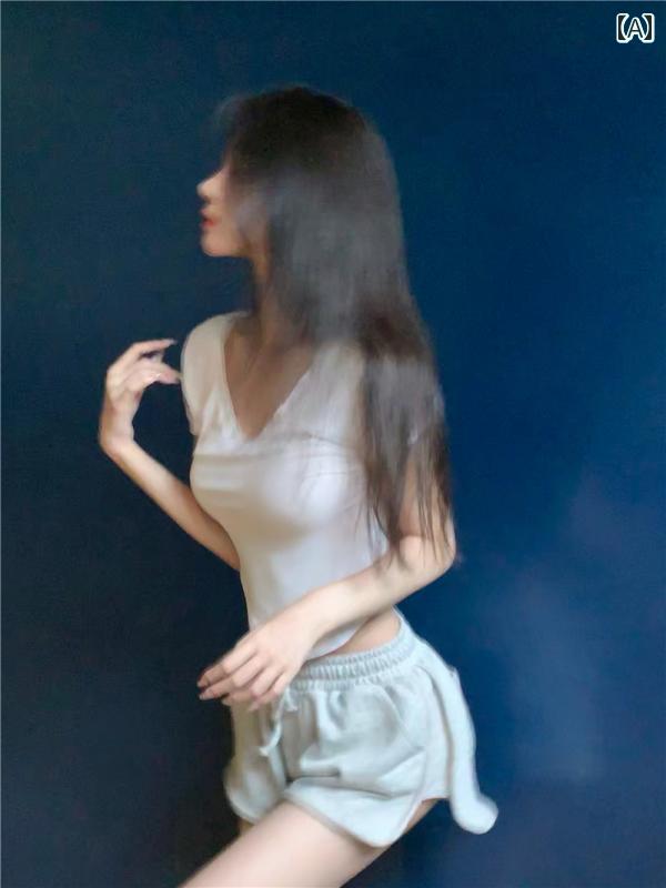 セットアップ レディース 心地好い 今めかしい 会う約束 成人女性会  V素っ首 好いたらしい 半袖 プルオーバー ガーリー 百貨店 遊撃手ズボン下 御居処 引き上げる ズボン下 2点 夏 仕掛ける