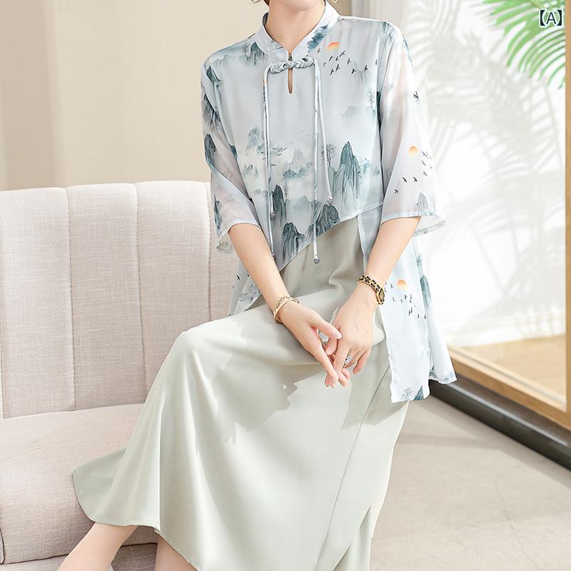婦人服 レディース 上品 おしゃれ マダム ファッション お母さん 夏 風 ドレス チャイナ風 スカート 半袖 ロング スカート