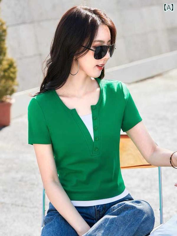韓国 フェイクセットアップ 重ね着風 v ネック 半袖 t シャツ 夏 綿 ショート トップス