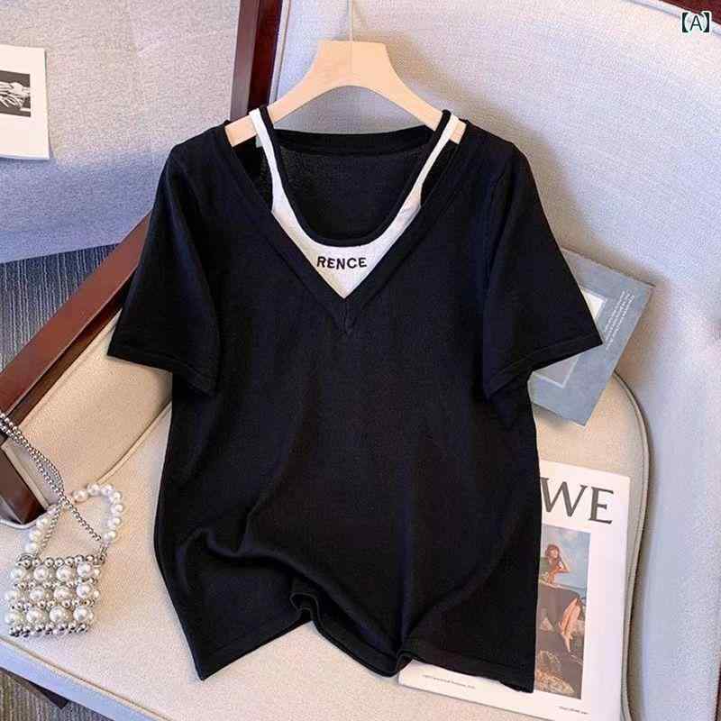 韓国 大きいサイズ フェイクセットアップ 重ね着風 ストライプ 半袖 Tシャツ 夏 ゆったり スリム 体型カバー トップス