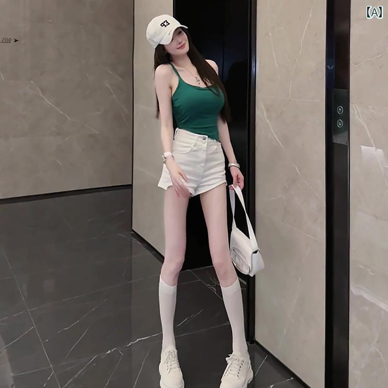 セットアップ レディース カジュアル おしゃれ デート 女子会 ホワイト 不規則 デニムショートパンツ ガール ハイウエスト スリム ストレッチパンツ トップス セット