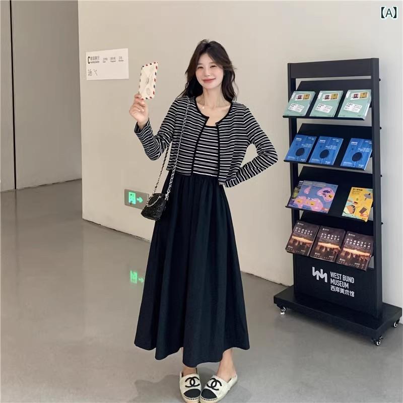 セットアップ レディース カジュアル おしゃれ デート 女子会 ストライプ ドレス 春秋 ニット トップス 韓国 スカート