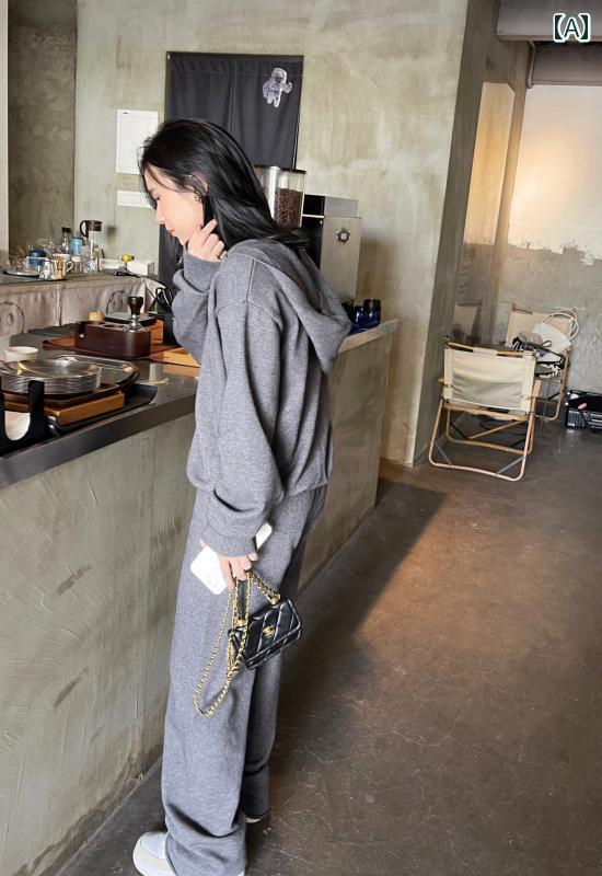 セットアップ レディース カジュアル おしゃれ デート 女子会 秋冬 グレー ニット ファッション セット パンツ セーター スリム トレンド
