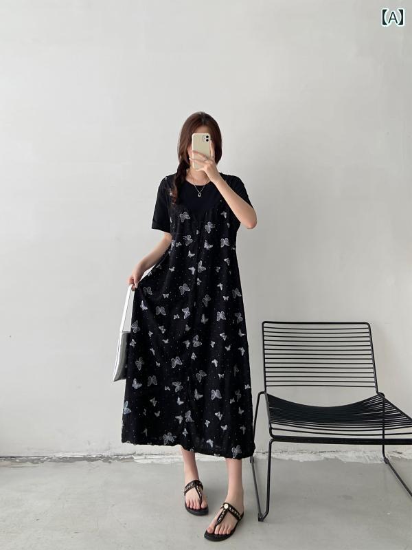 ワンピース レディース カジュアル デート おしゃれ 大きめサイズ フェイクセットアップ 重ね着風 Tシャツ スカート 夏 半袖 ドレス 体型カバー スリムに