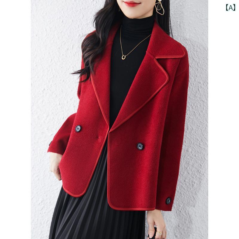 アウター レディース ファッション おしゃれ カジュアル 上品 婦人服 秋冬 バーガンディィ スーツ カラー ウール ショート コート クリーン スリム|おうち健康生活