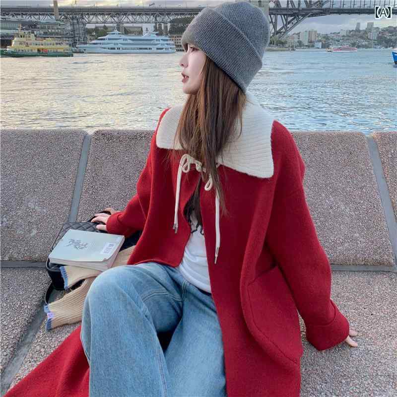 アウター レディース ファッション おしゃれ カジュアル 上品 チャイナ風 プレート バックル 赤 ウール コート ロング 秋冬 格好 韓国 コート
