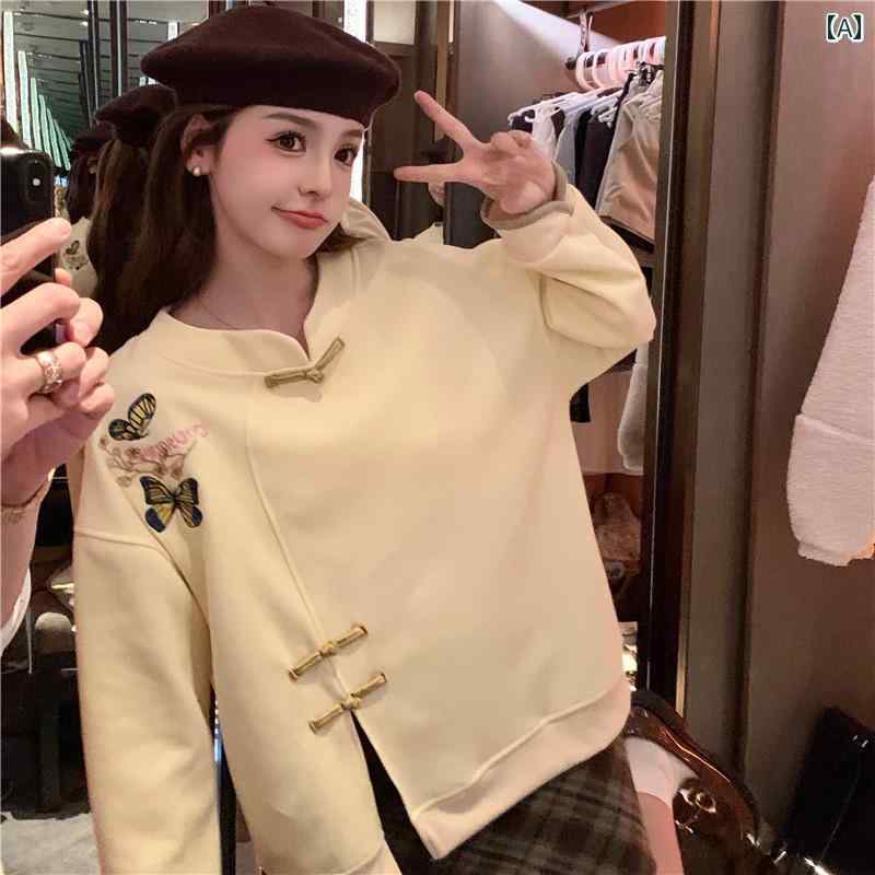 トップス レディース おしゃれ カジュアル チャイナ風 ラウンドネック スウェットシャツ 春秋 刺繍 ショート ゆったり ファッション ボタン