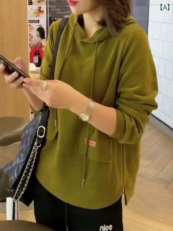 トップス レディース 今めかしい 心地好い 韓国 心地好い ボンネット トレーナー 秋冬 長袖 か細い 起毛 大きめ大きさ