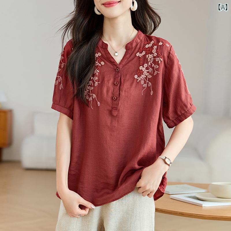 トップス レディース おしゃれ 上品 通勤 オフィス カジュアル ス 夏 服 シンプル 綿麻 麻 刺繍 半袖 シャツ