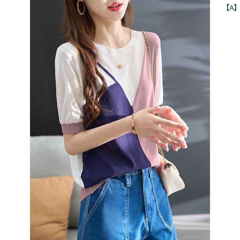 トップス レディース おしゃれ 上品 通勤 オフィス カジュアル 半袖 カラー ブロック シック 美しい Tシャツ ショート ひんやり 快適 ニット 夏 薄手 涼しい 涼しい テンセル シャツ