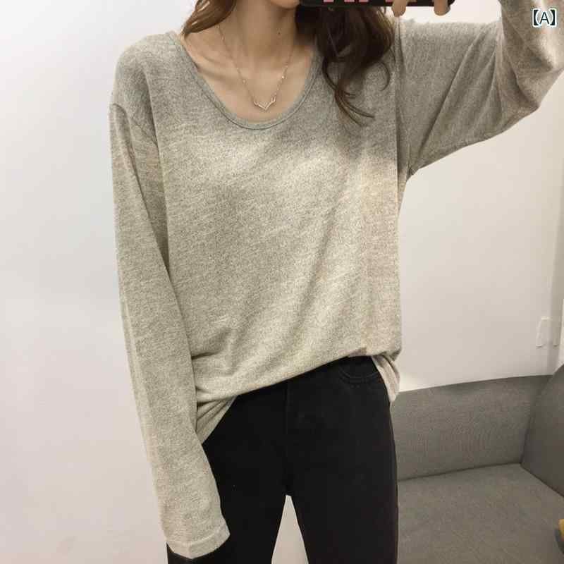 レディース トップス カジュアル おしゃれ 秋 グレー スリム ラージ U ネック 薄手 涼しい 涼しい セーター Tシャツ 長袖 ベース