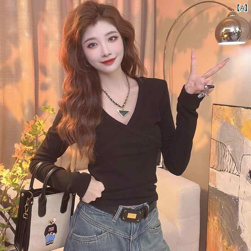 レディース トップス カジュアル おしゃれ 秋冬 Vネック シック シャツ 長袖 Tシャツ スリム ウエスタン シャツ