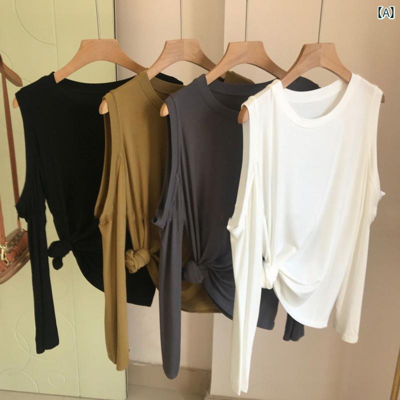 レディース トップス カジュアル おしゃれ 秋服 韓国 白 ボトム シャツ イン 長袖 Tシャツ コットン オフショルダー｜おうち健康生活
