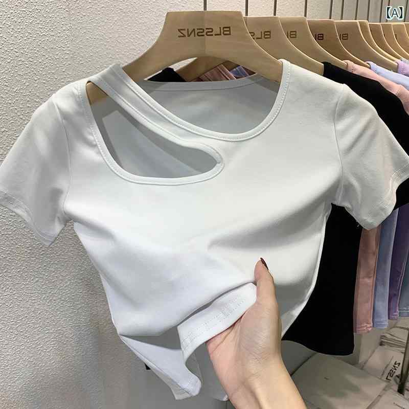 レディース トップス カジュアル おしゃれ コットン 半袖 Tシャツ シック 鎖骨 ショート 半袖 Tシャツ ボトム シャツ トレンディ