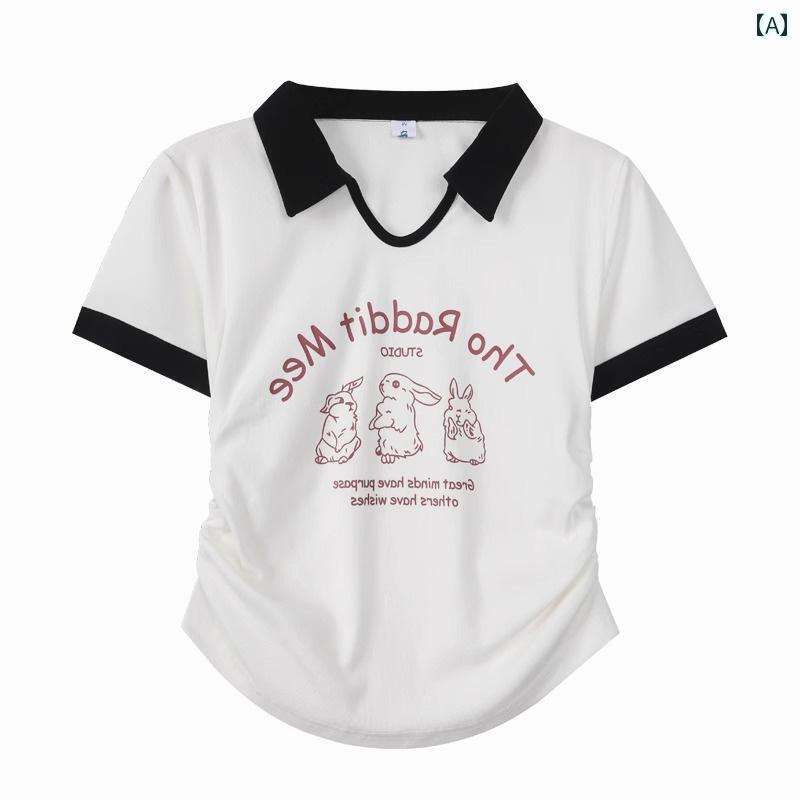 レディース トップス カジュアル おしゃれ ポロ カラー Tシャツ 年 夏 ブラック プリント ボトム シャツ スリム シンプル 半袖 ス イン