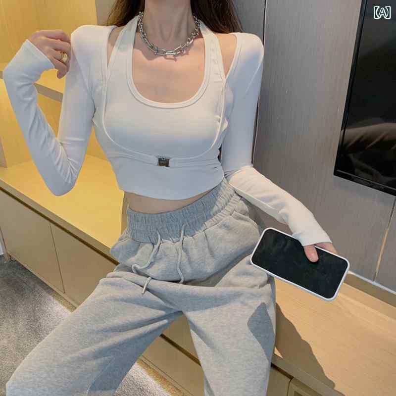 レディース トップス カジュアル おしゃれ ホルターネック シャツ スリム ショート Tシャツ フェイクセットアップ 重ね着風 ス 初秋 シック 韓国