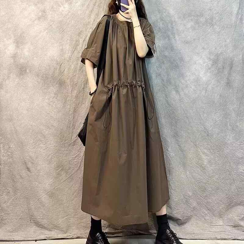 ワンピース レディース 大きいサイズ デザイン 高級感 レトロ ウエストマーク 体型カバー 細見え お腹カバー 若見え エレガント 通勤 オフィス 春夏 ミディ丈 Aライン クルーネック パフスリーブ 切り替え ポリエステル 綿