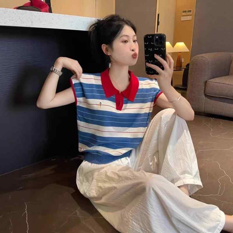 Tシャツ レディース トップス ポロ襟 ニット 接触冷感 フレンチスリーブ 半袖 ショート丈 小柄向け ジャストフィット 配色ストライプ 春夏 カジュアル