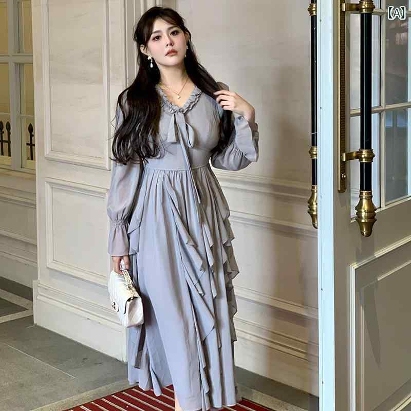 大きめサイズ レディース おしゃれ ファッション 婦人服 グレー スワン フレンチ グレー スリム Vネック ドレープ ウエスト ドレス